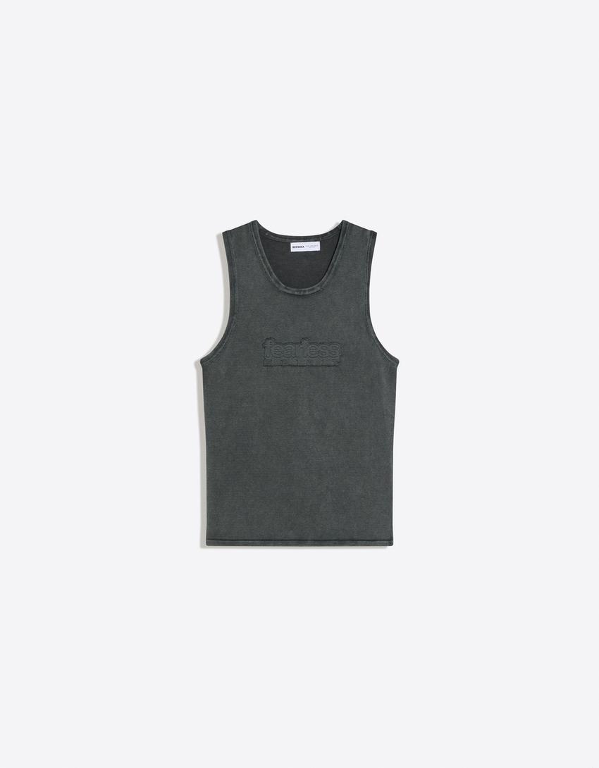 T-shirt met bandjes, patch en verwassen effect-Donkergrijs