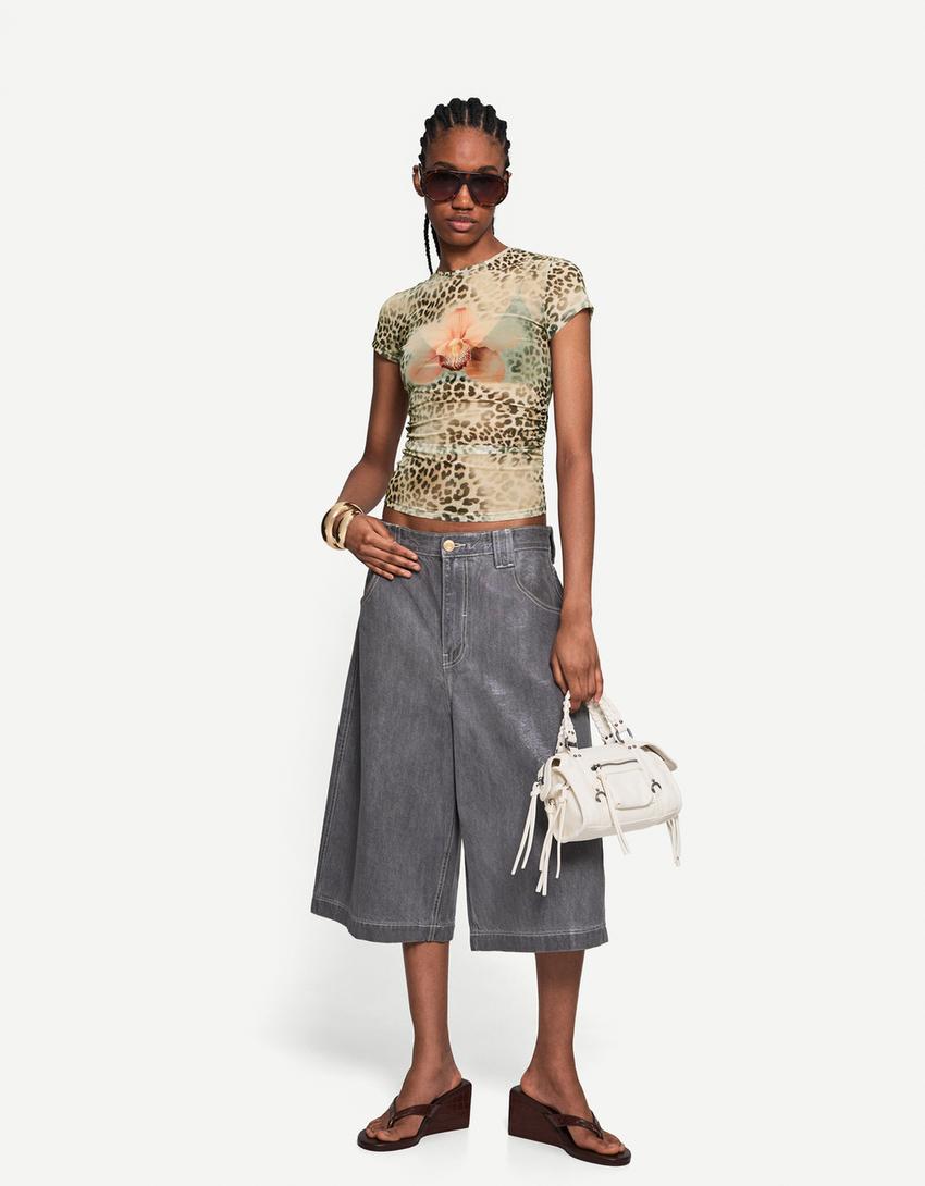 T-shirt à manches courtes en tulle imprimé-Camel