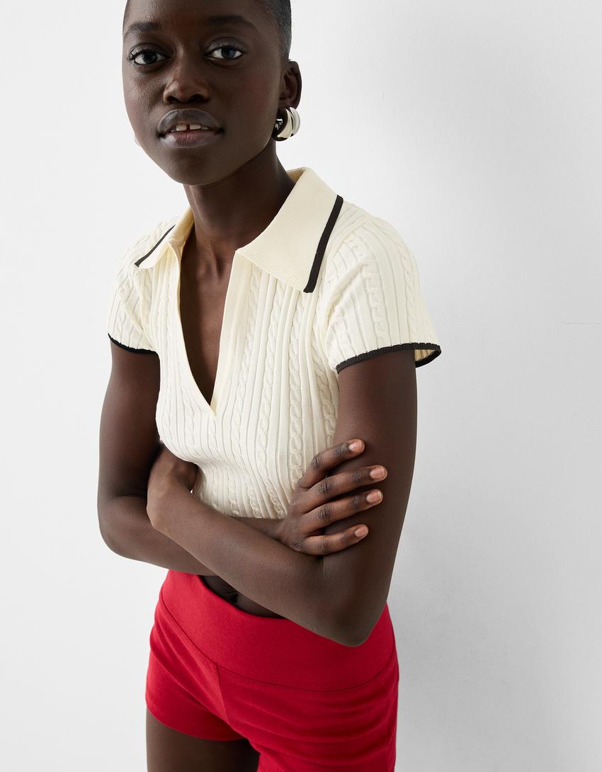 Camisola manga curta gola camisa polo tranças-Cru-2