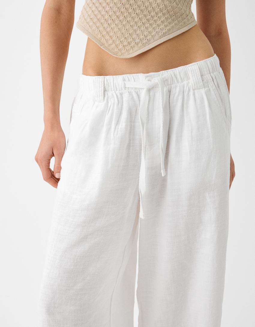 Wide leg keten karışımlı pantolon-Beyaz-3