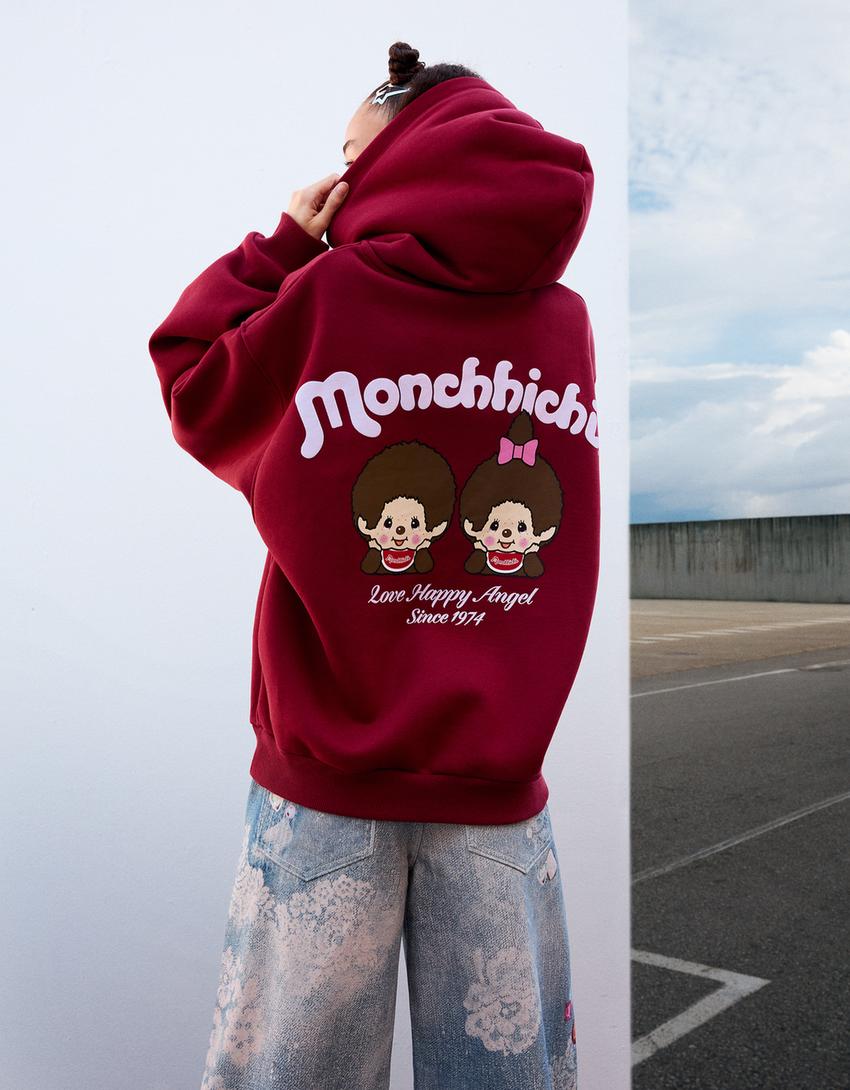 Džemperis su gobtuvu ir „Monchhichi“ atspaudu-Raudona