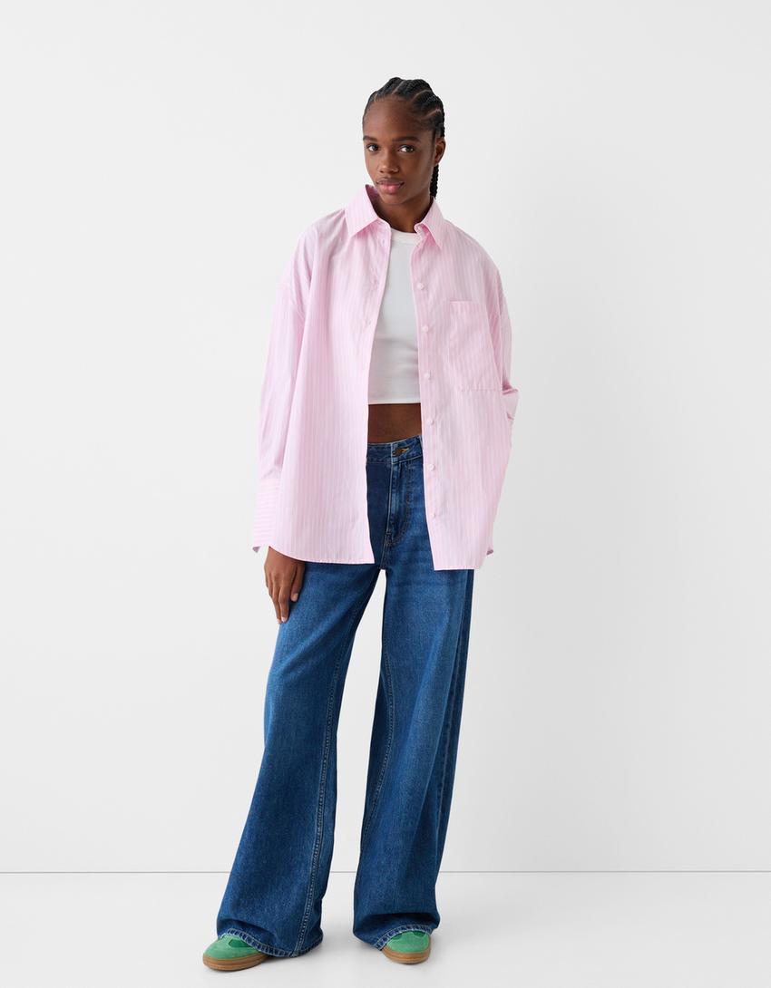 قميص فضفاض مخطط بأكمام طويلة-زهري-3