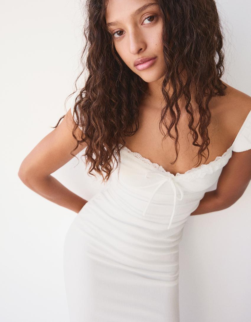 Vestido midi bambula encaje-Blanco roto