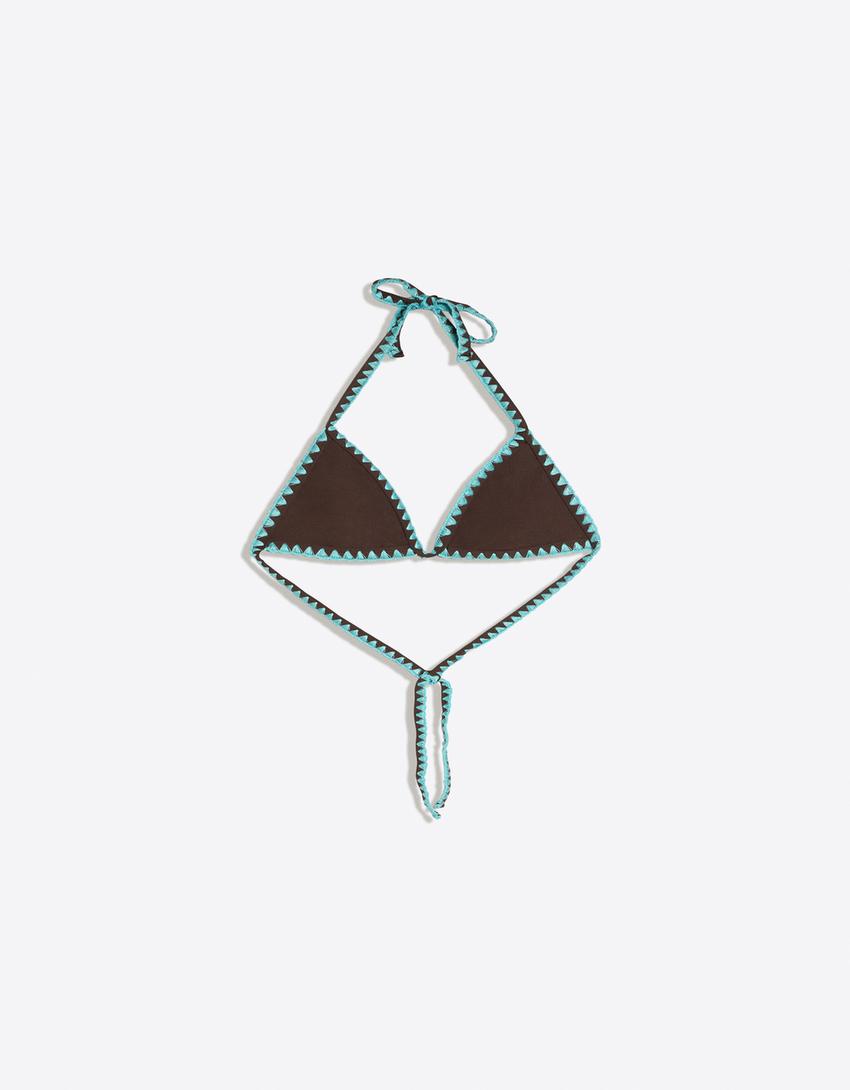 Haut de bikini à surpiqûres contrastantes-Marron
