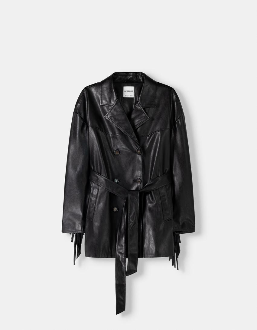 Chaqueta Blazer Efecto Piel Bershka Twinset Body Negro Flecos