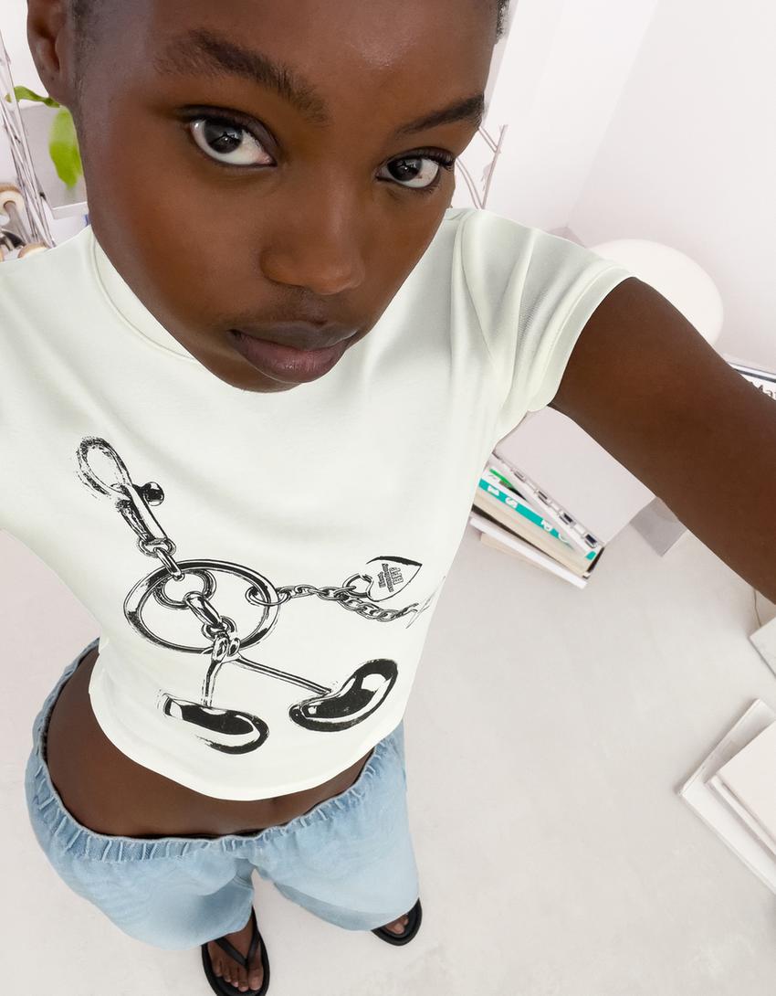 T-shirt manches courtes imprimé-Blanc cassé