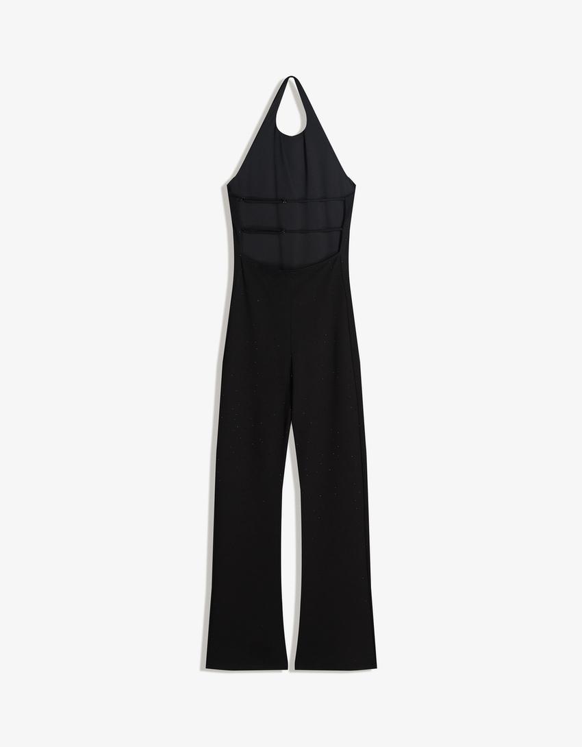 Combinaison longue ajustée à strass-Noir