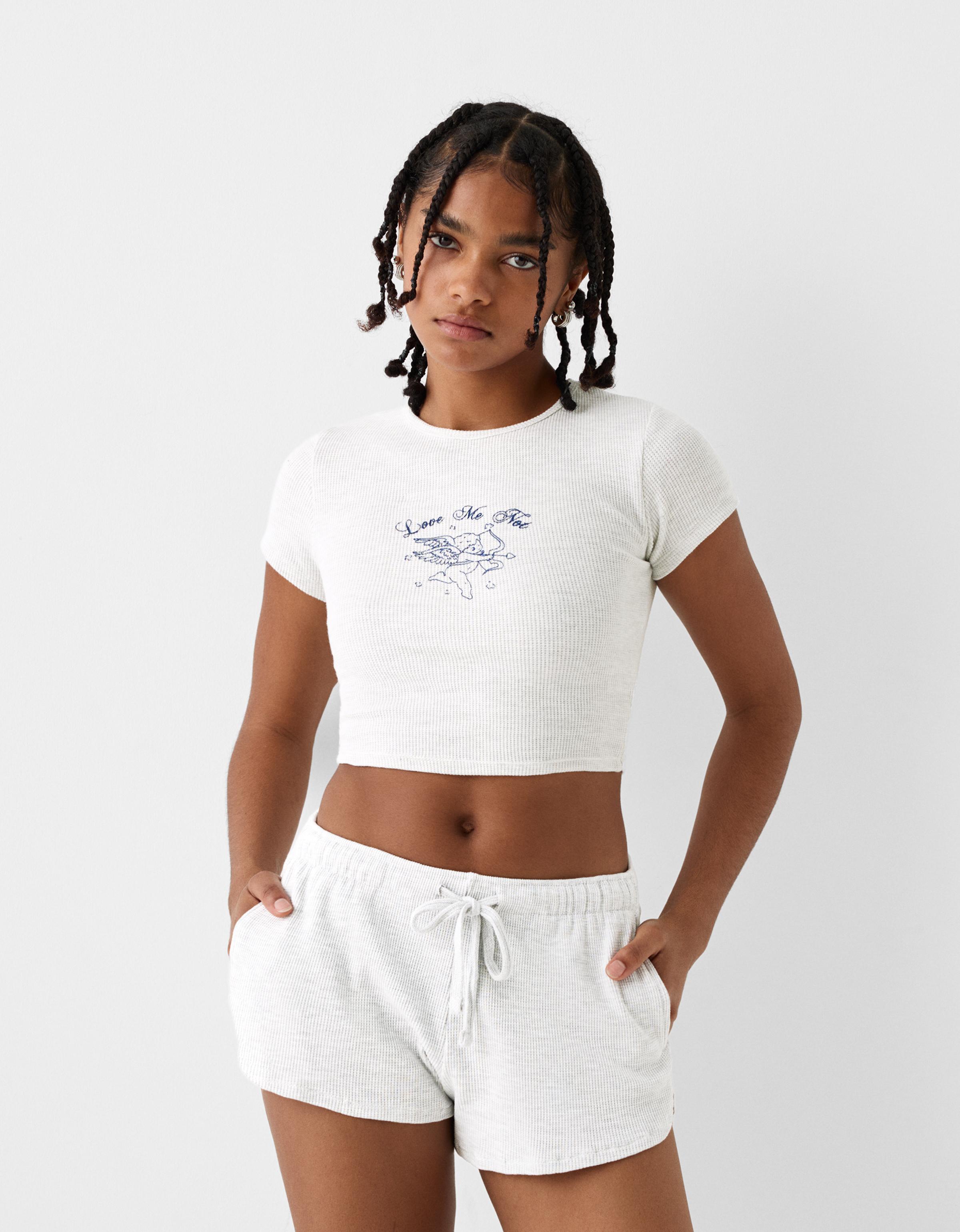 Bershka T-Shirt Aus Waffelgewebe Mit Kurzen Ärmeln Damen 10-12 Grau