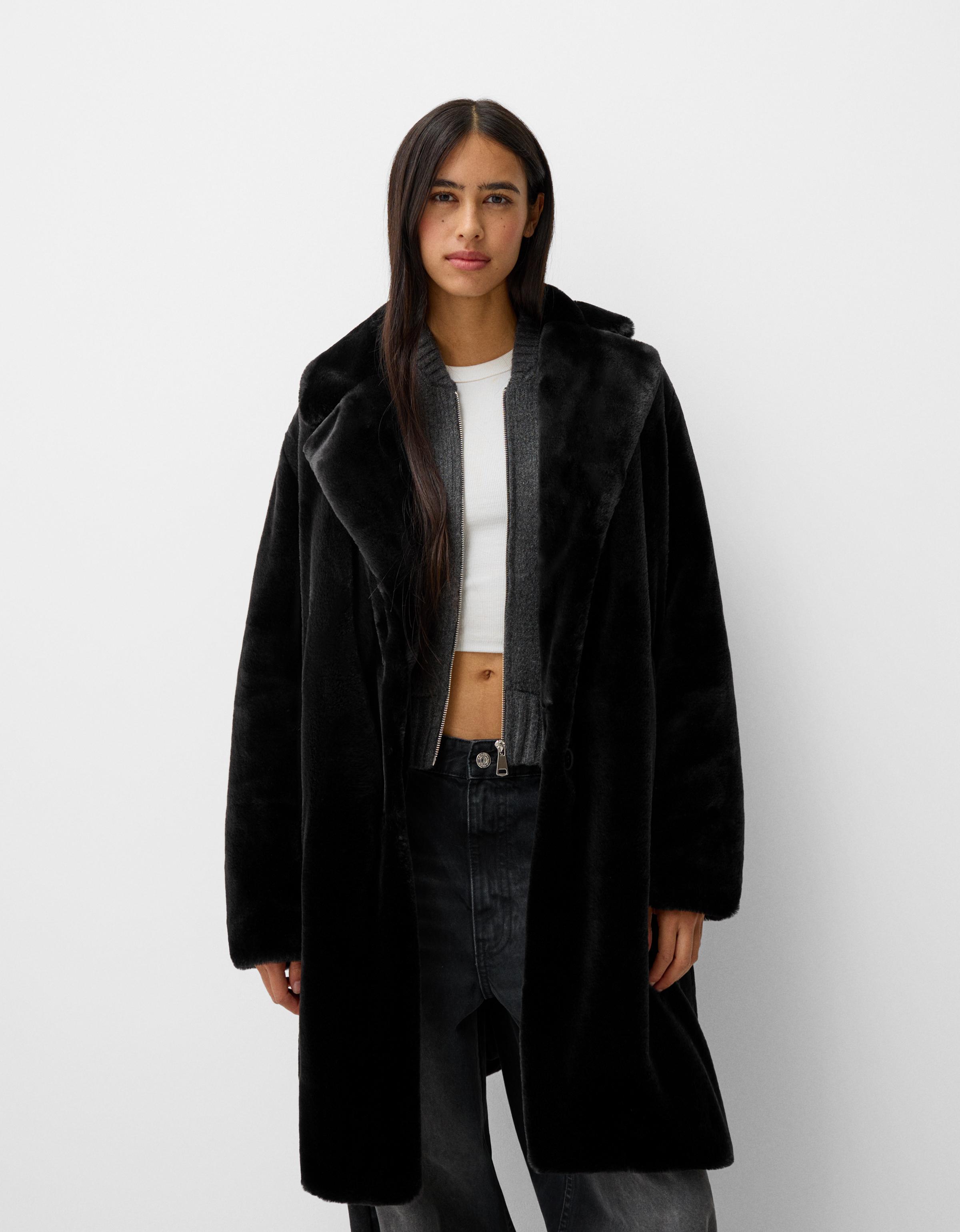 Bershka Mantel Aus Kunstfell Damen M Schwarz