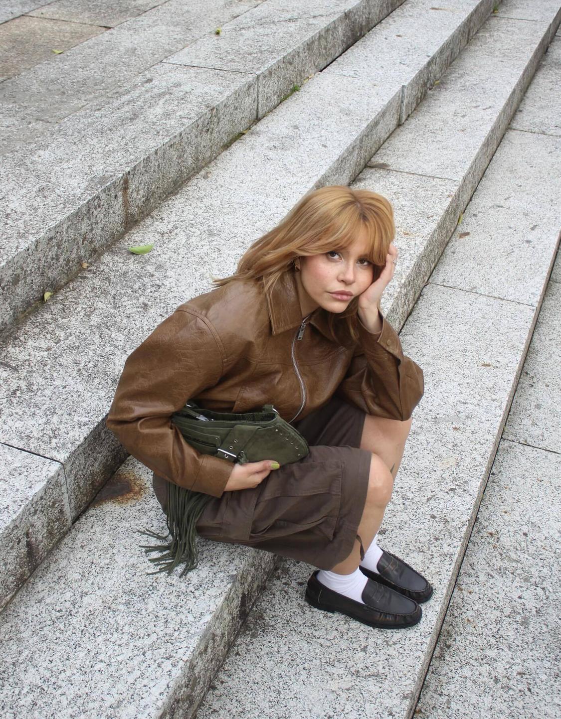 Leather effect trucker jacket with voluminous sleeves