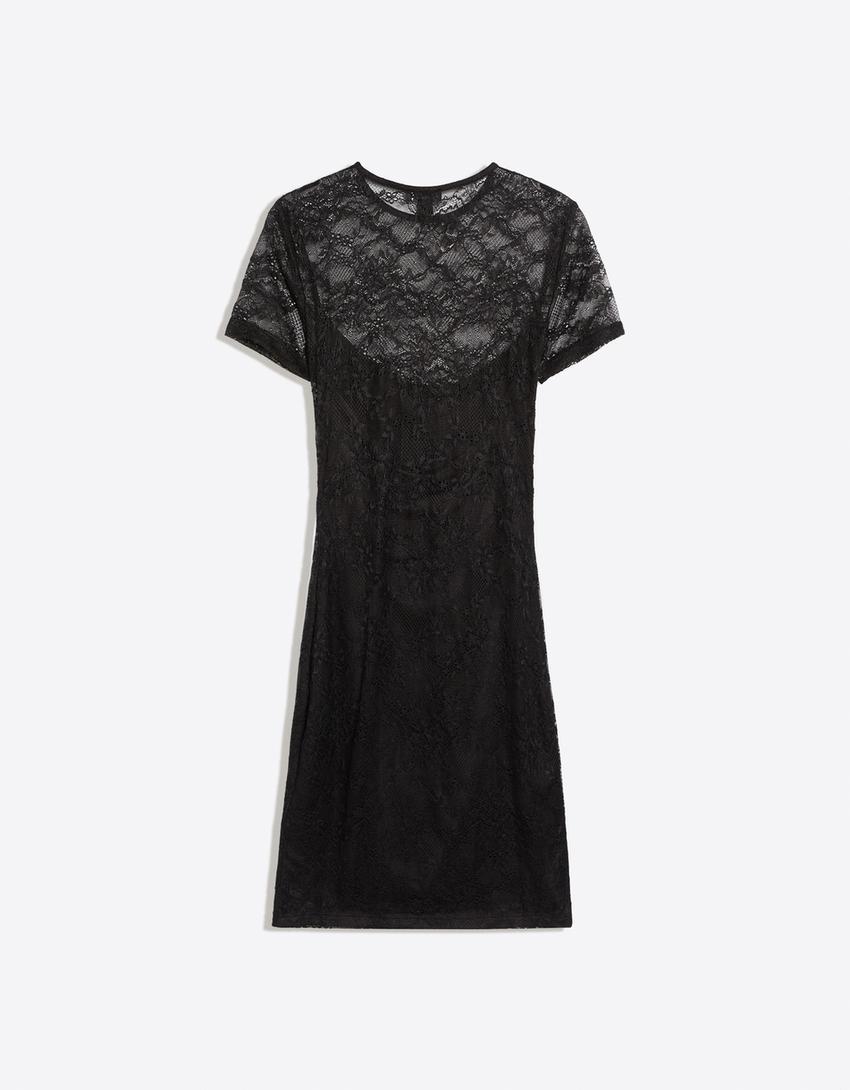 Vestito mini in pizzo-Nero