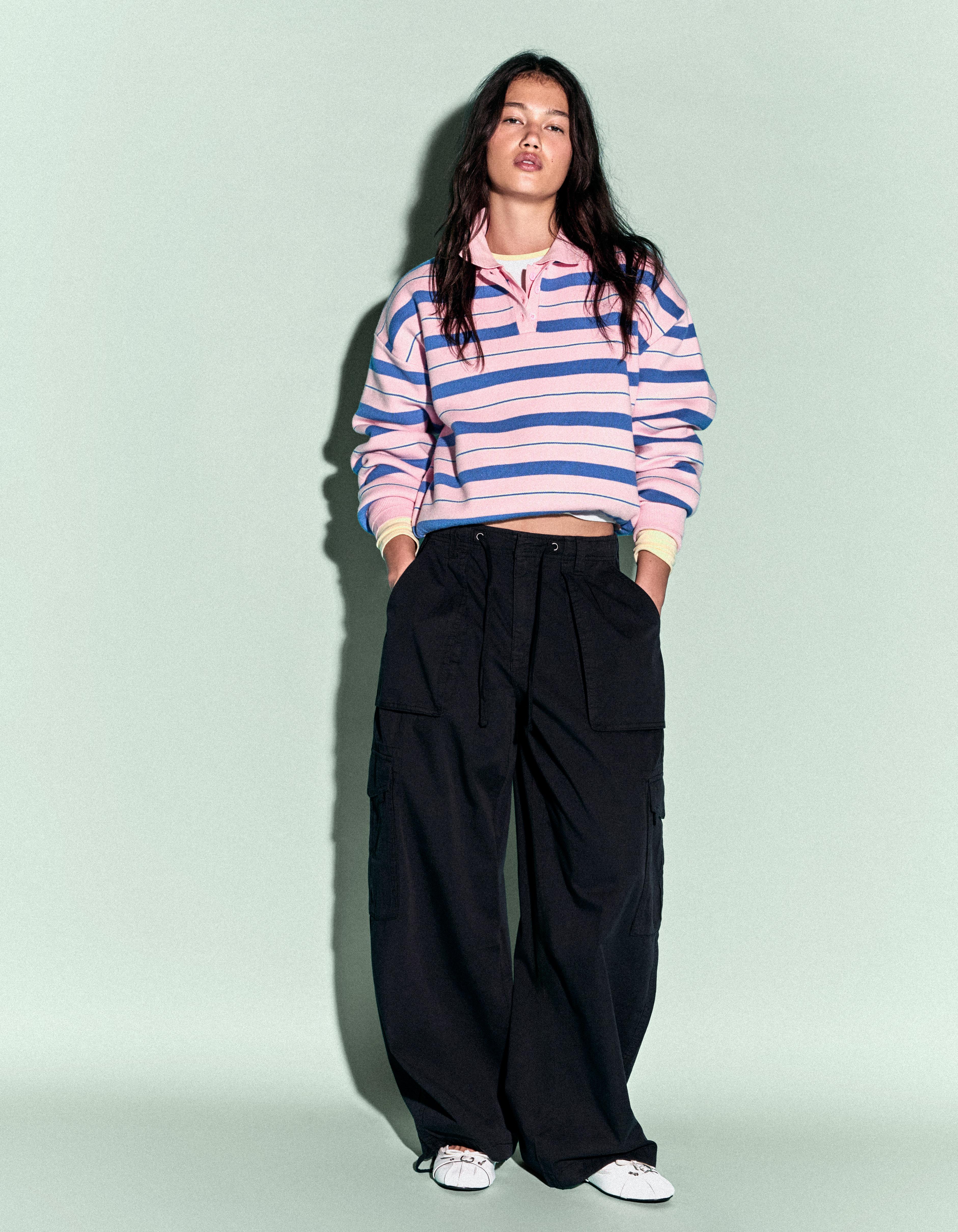 Bershka Jersey Cuello Polo Oversize Mujer L Rosa