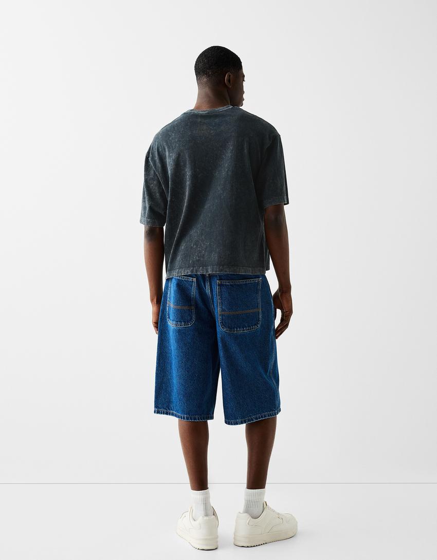 T-shirt manga curta boxy fit cropped efeito lavado-Preto-1