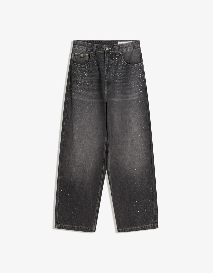 Jeans super baggy strass-Noir