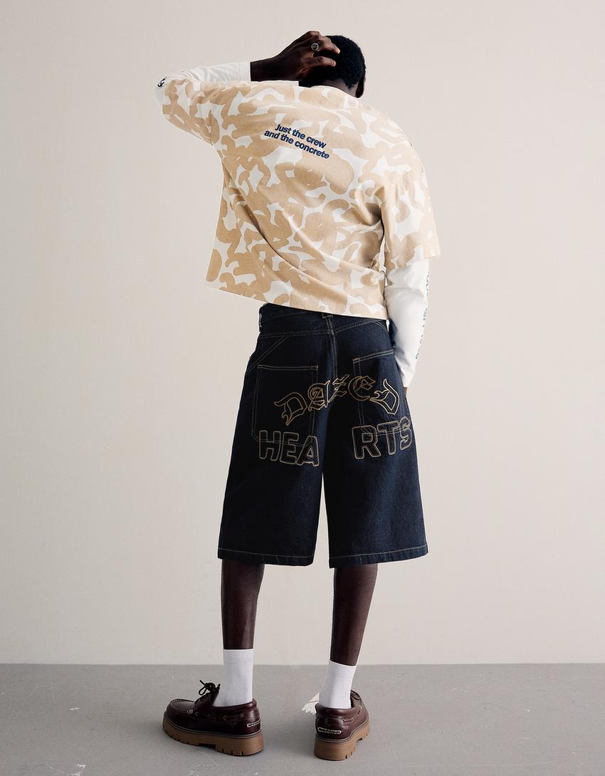 İşlemeli skater denim bermuda-Denizci mavisi