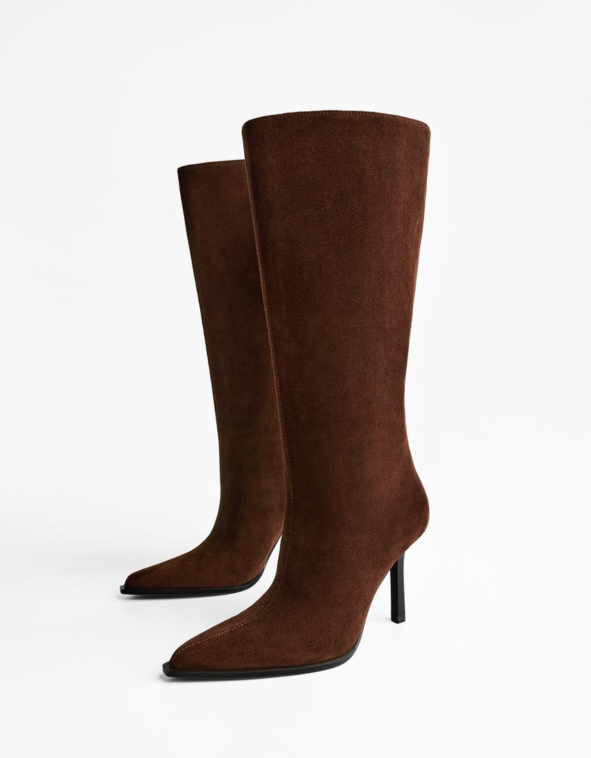 Bottes à talon et tige large-Marron