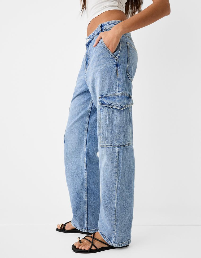 بنطال جينز كارغو بقصّة مستقيمة-أزرق فاتح-3