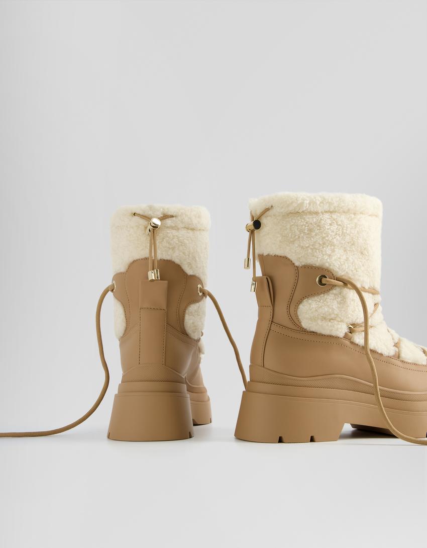 Contrast faux shearling ankle boots with lace-up detail-Multicolored-3