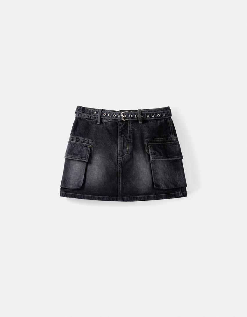 Belted twill cargo mini skirt-Grey