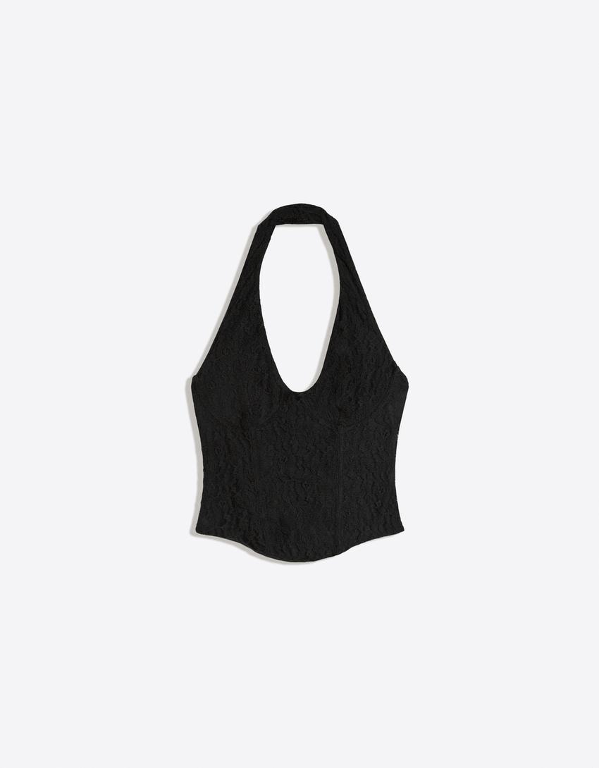 Dantelli korse halter top-Siyah