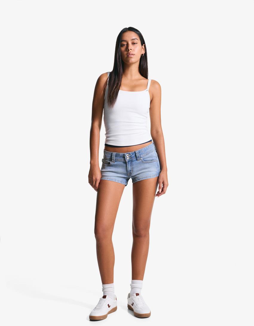 Short denim bordado-Azul lavado