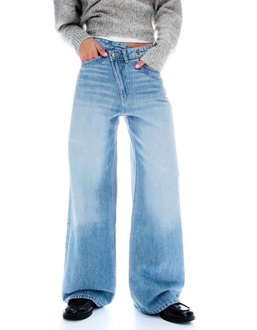 Wide leg jeans met hoge taille en overslag-Gewassen blauw