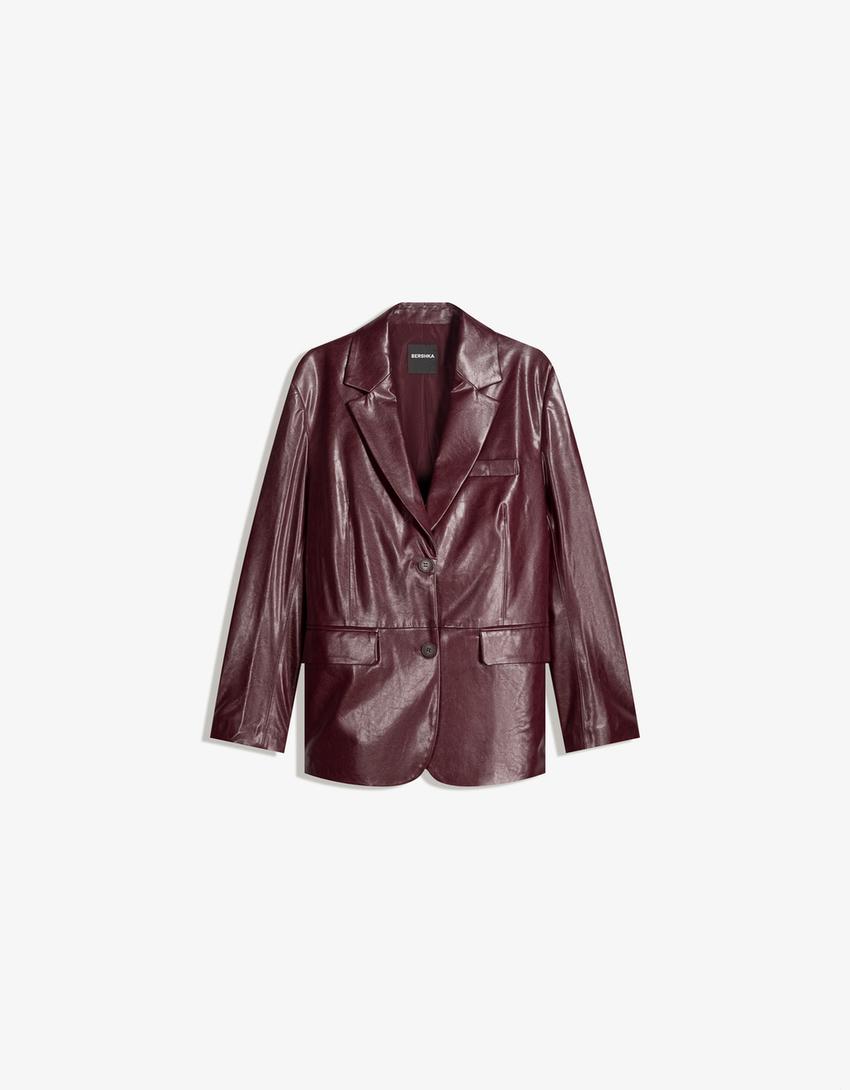 Blazer oversize efecto piel-Burdeos