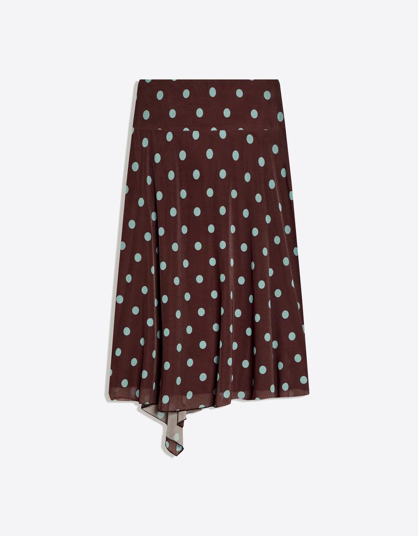 Asymmetric polka dot midi skirt-Brown