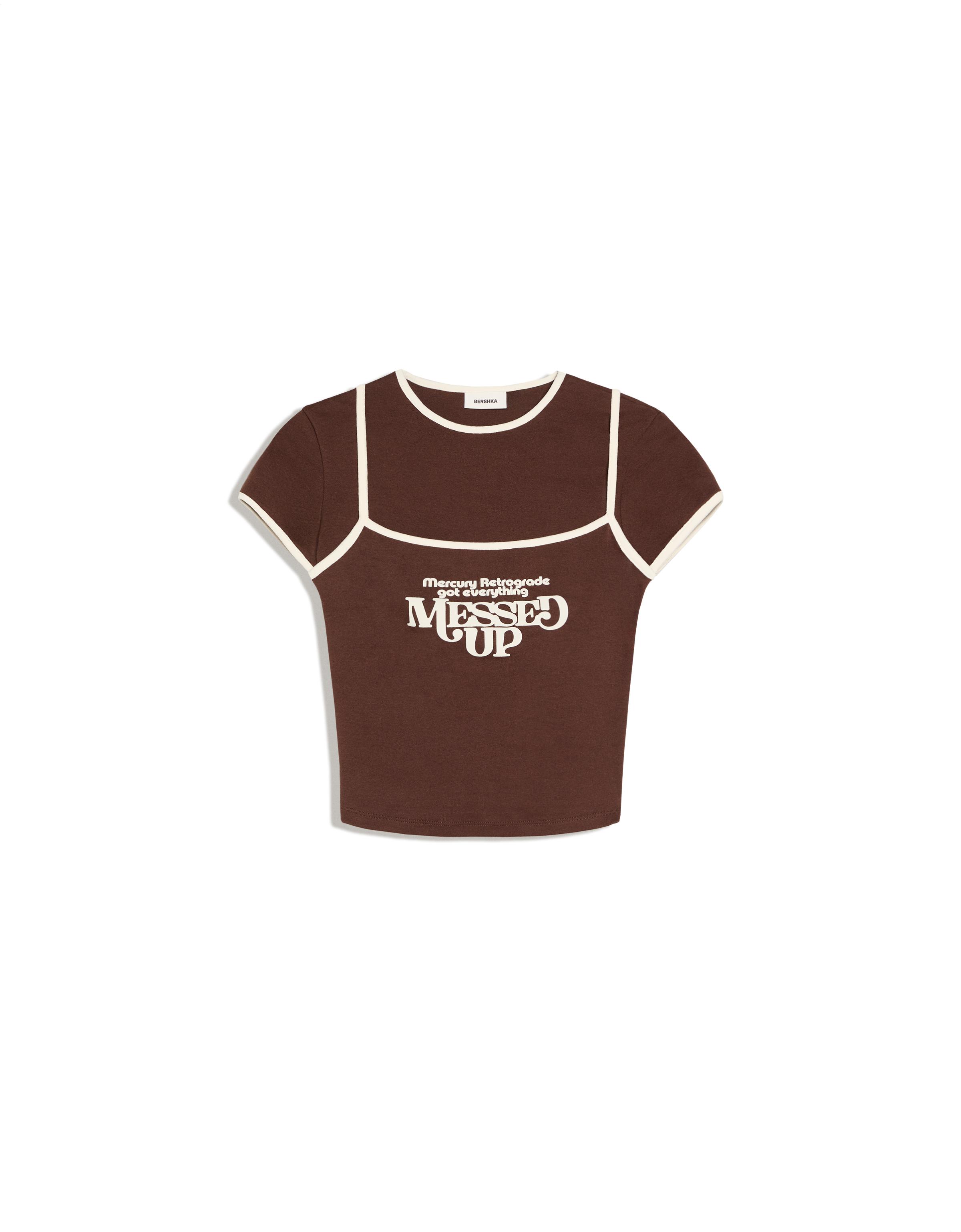 Double short sleeve T-shirt with contrast print — Brown