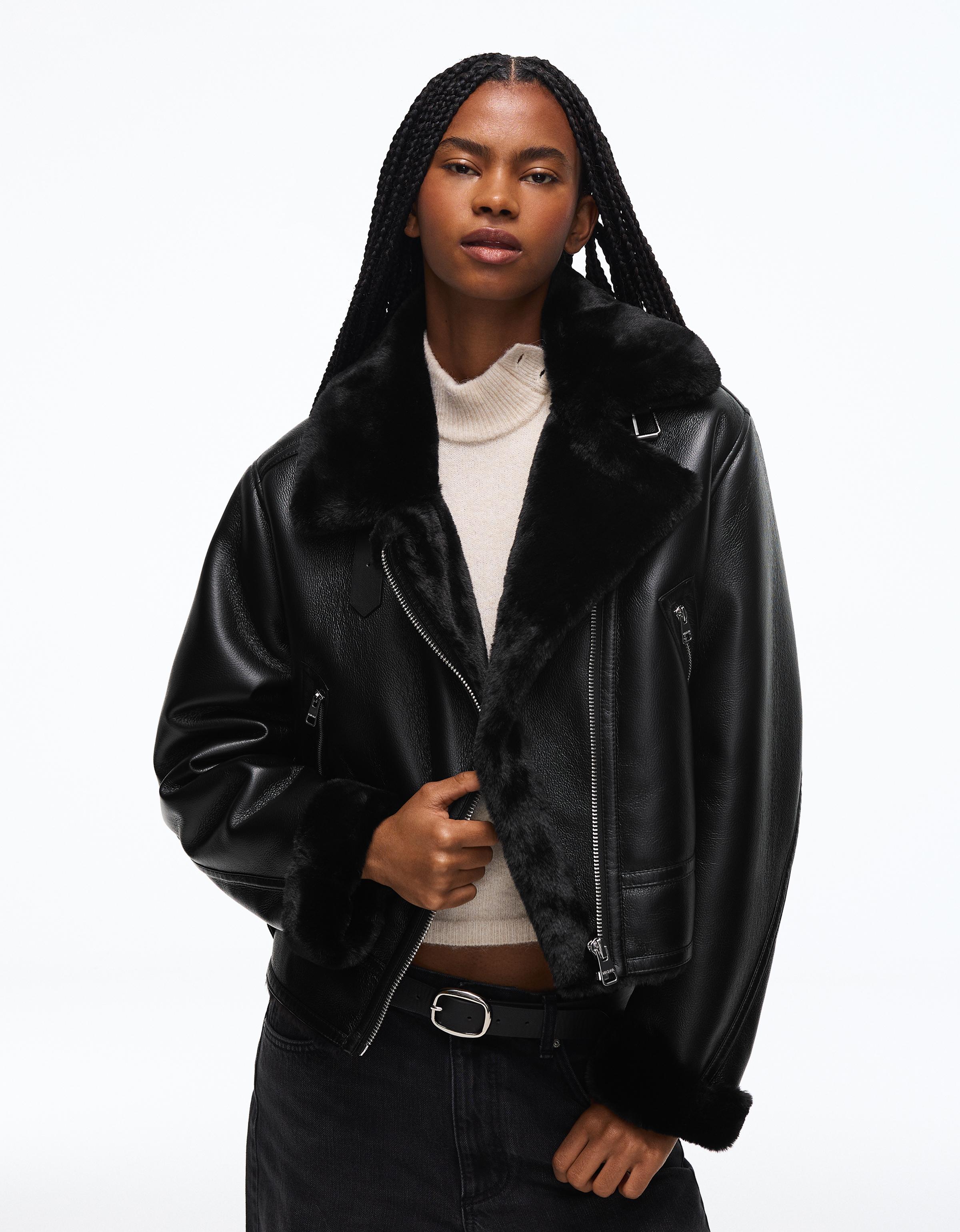 Cropped double-faced biker jacket — Black