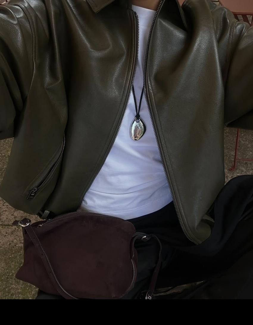 Faux leather bomber jacket with belt-Khaki
