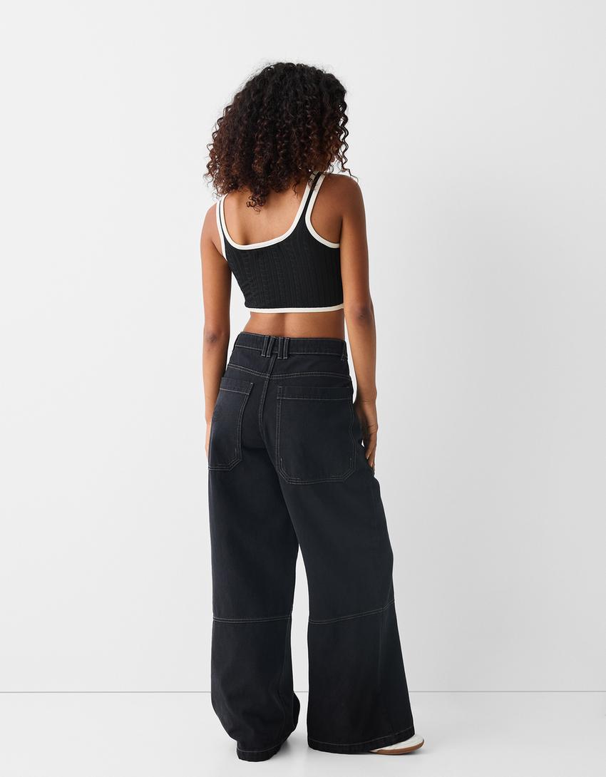 Top tressé contrastant-Noir-1