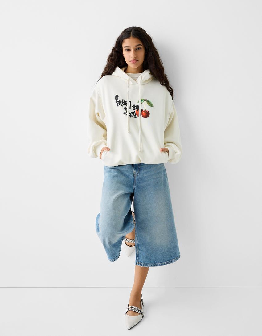 Printed hoodie-Cream
