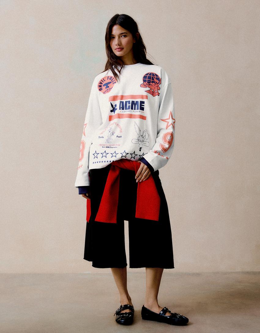 LOONEY TUNES oversize long sleeve print T-shirt-Off white