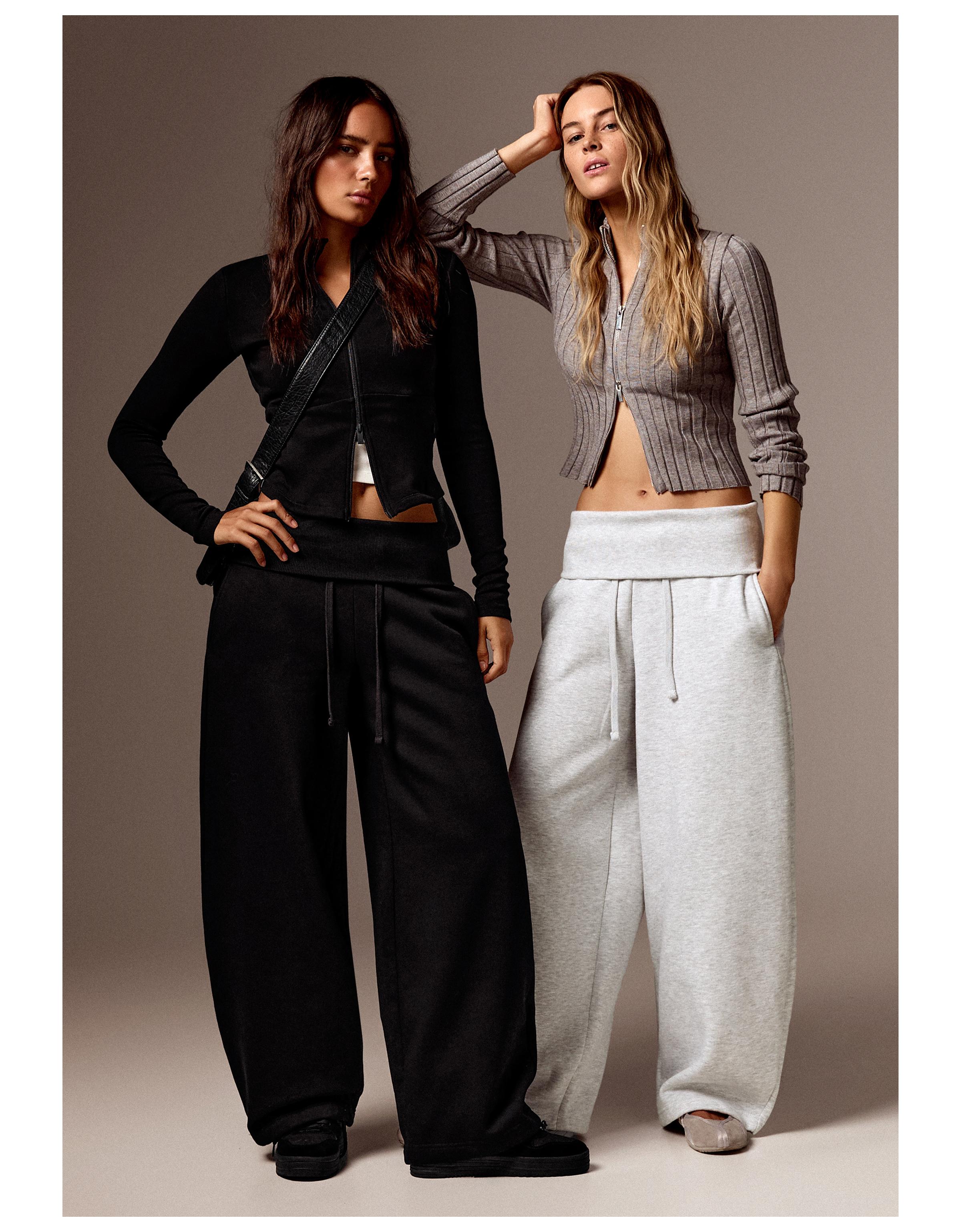 Barrel-leg jersey trousers with fold-over waist — Black