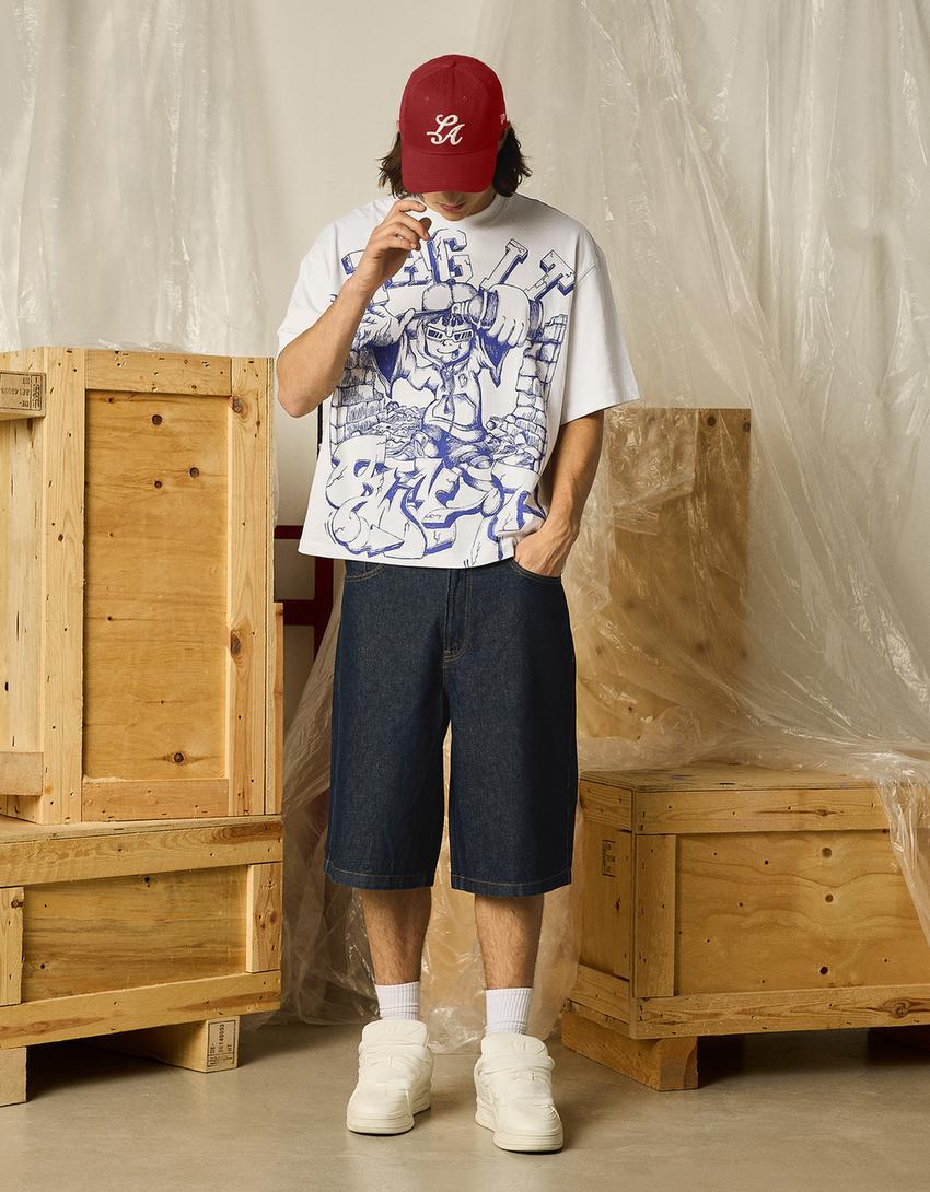 T-shirt Boxy fit a maniche corte con stampa-Pietra