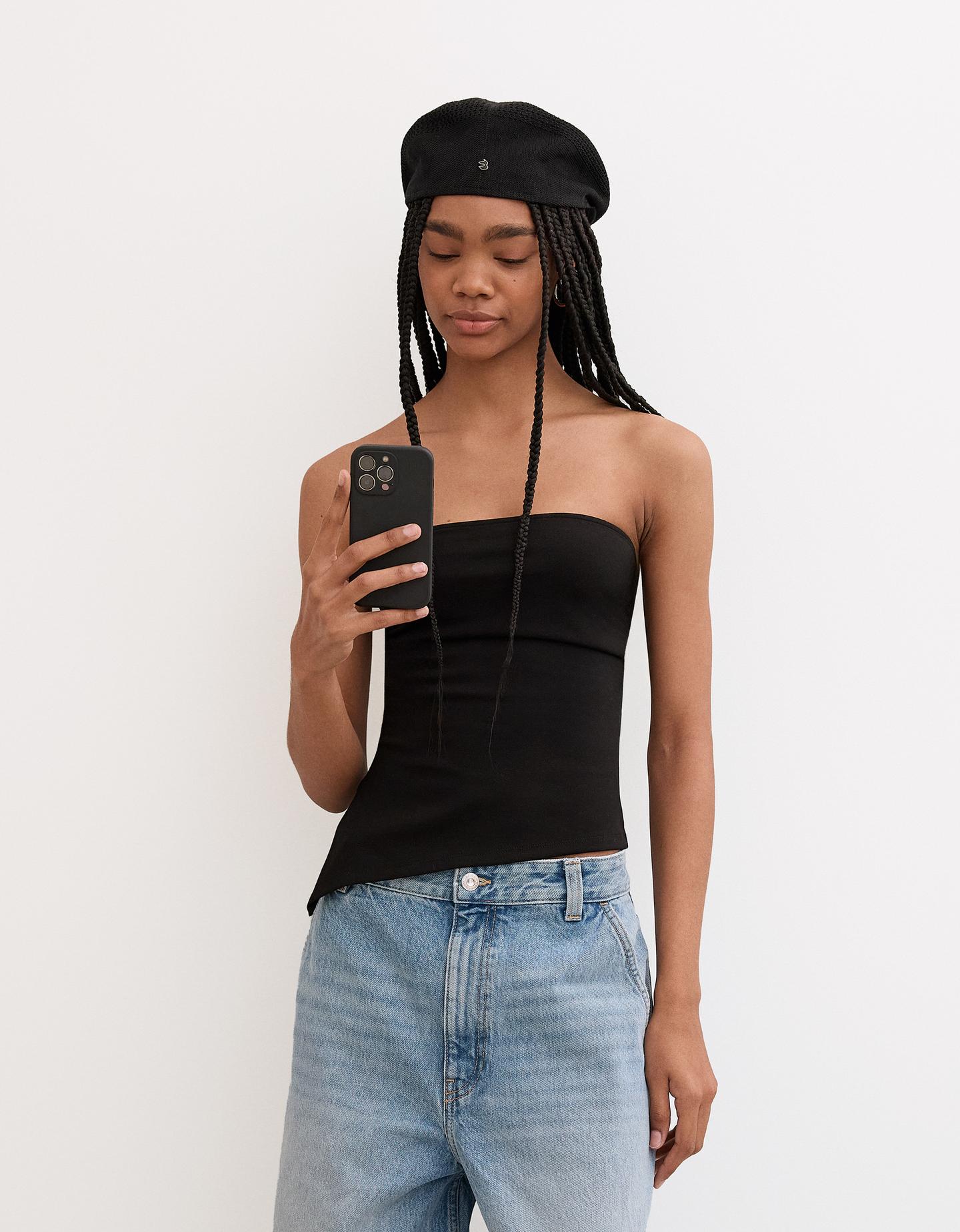 Bershka top bez ramiączek z ozdobnym marszczeniem czarny