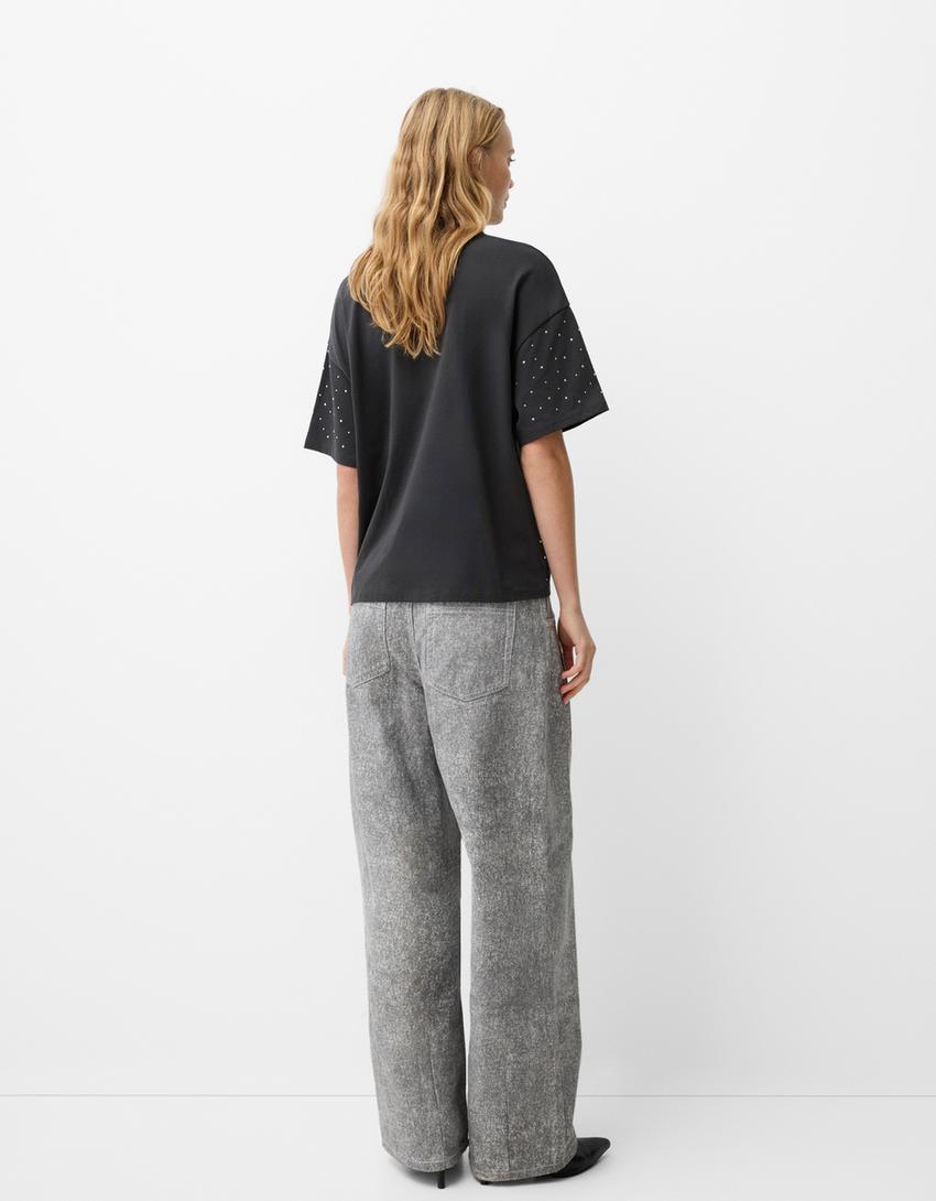 Tricou oversize mânecă scurtă strasuri-Gri închis-1