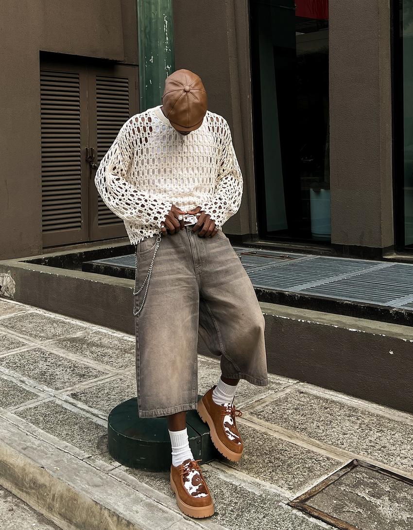 Calções bermuda jort denim super baggy-Cinzento-escuro