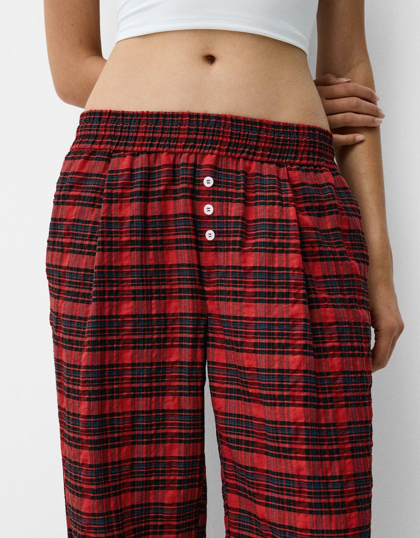 سروال بقصة مستقيمة ونقشة مربعات-أحمر-3