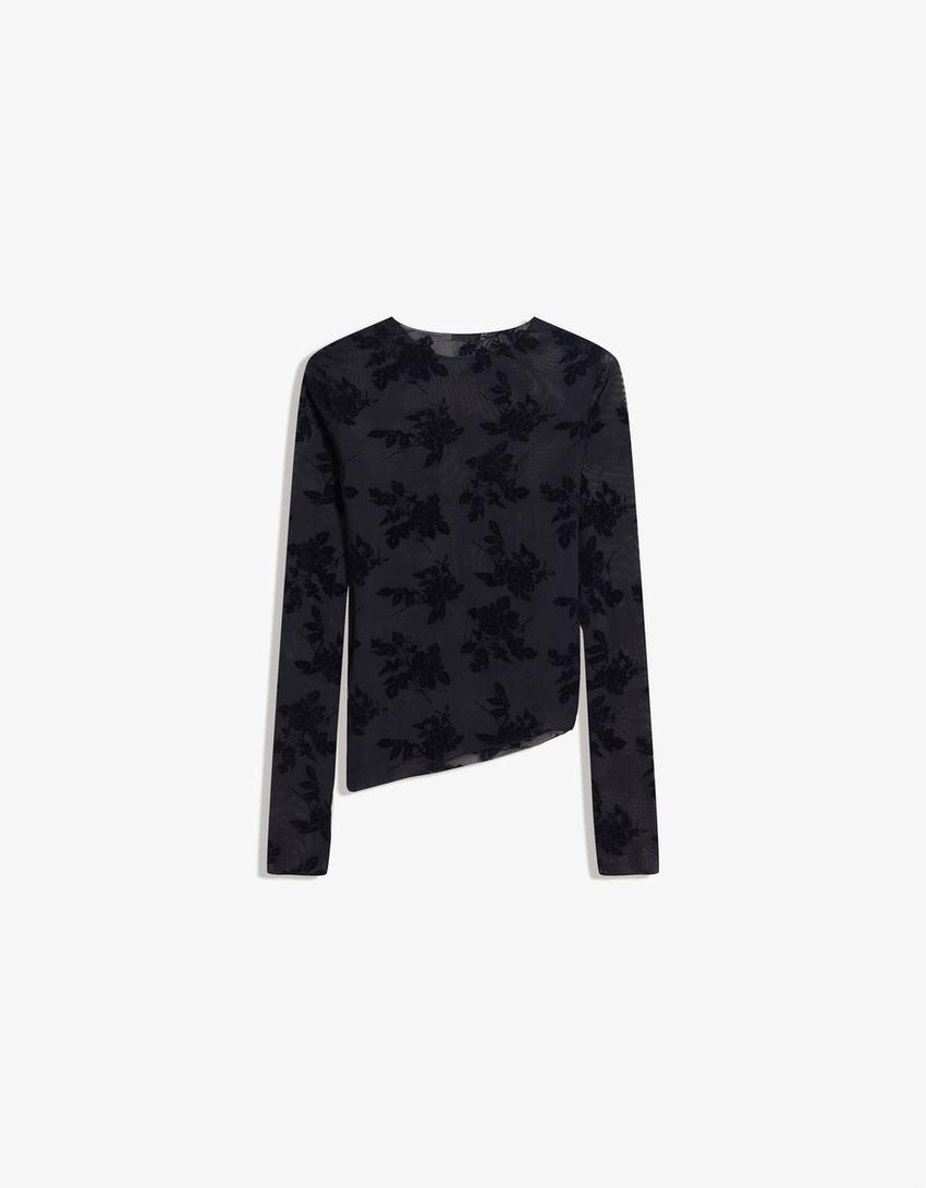 Long sleeve asymmetric tulle T-shirt-Navy