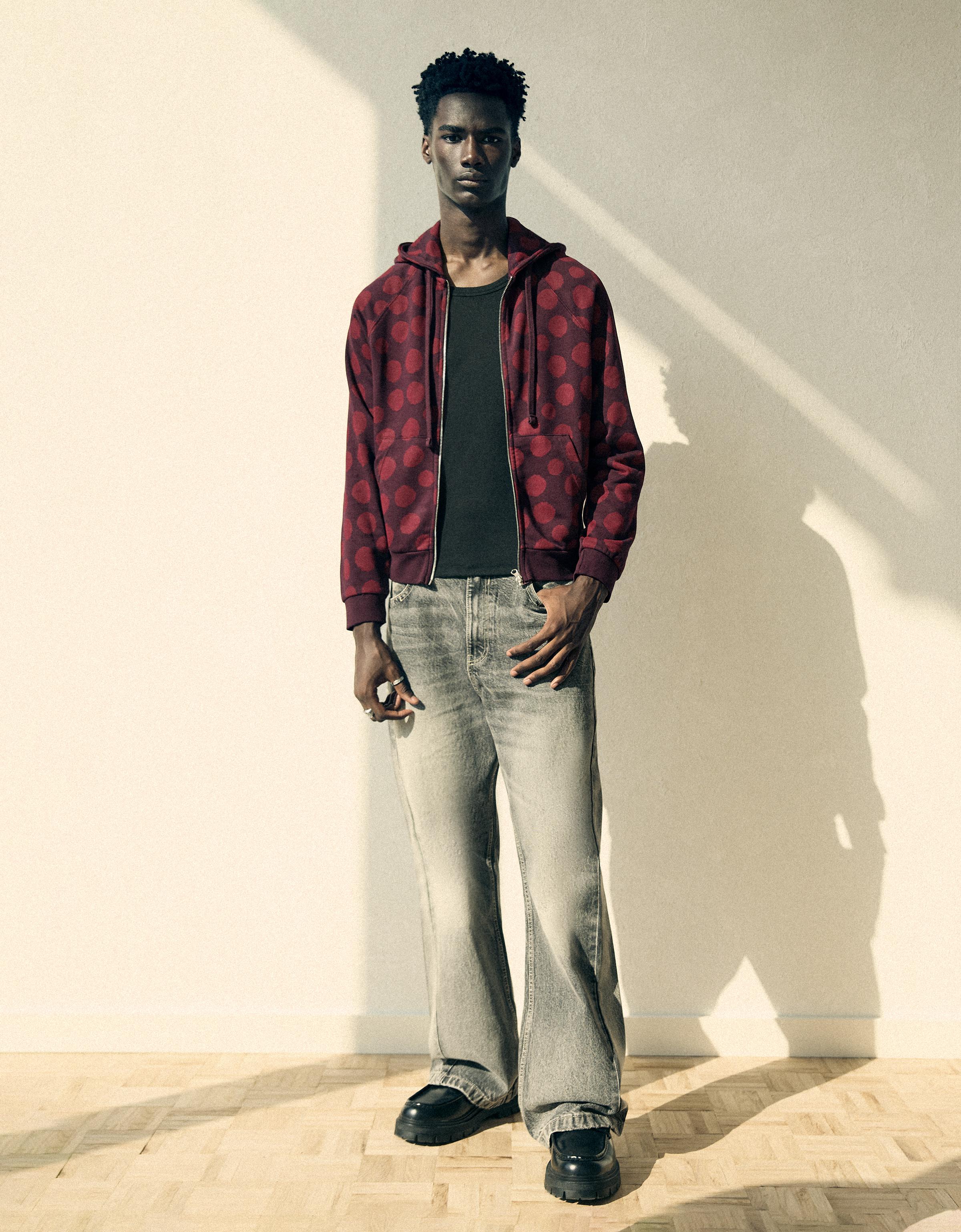 Hooded zip-up print sweatshirt — Burgundy