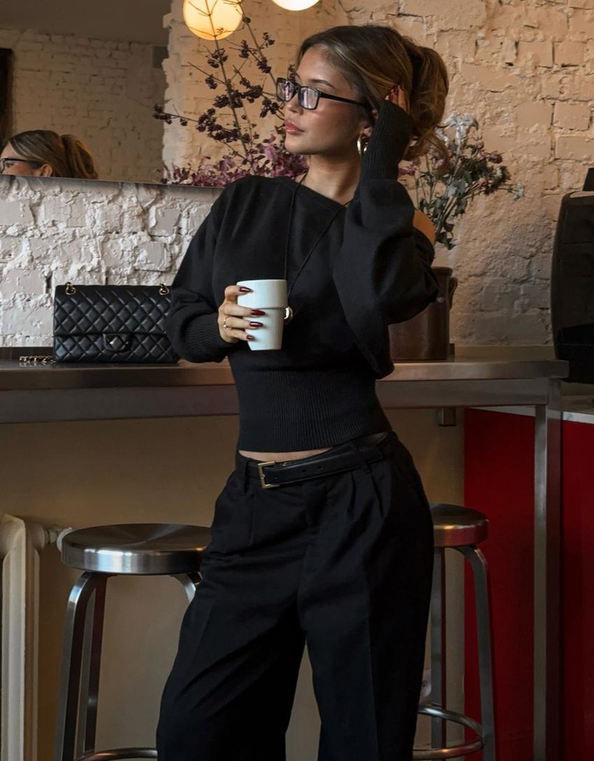 Asymmetric sweater with ribbed hem-Black