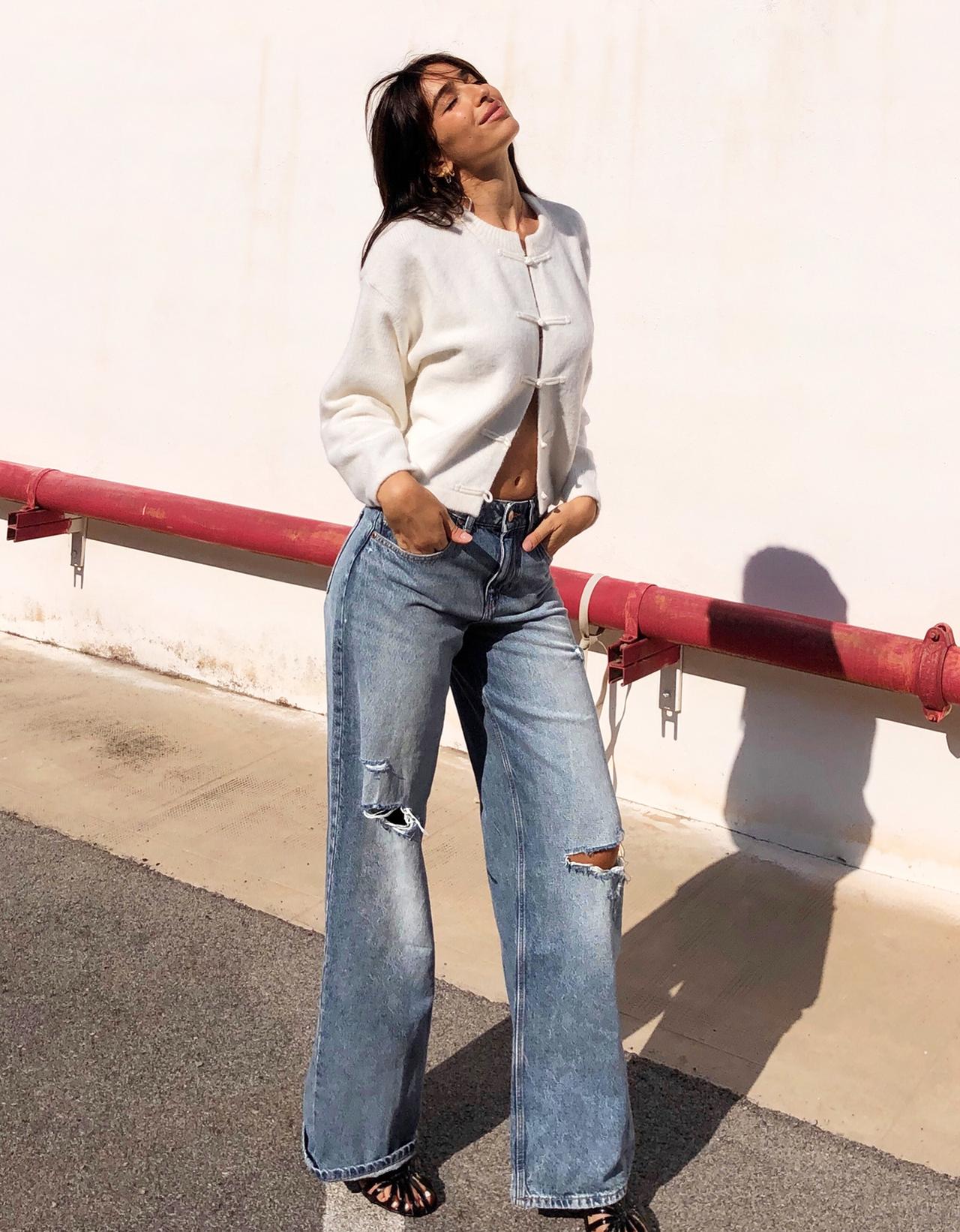 Ripped high-waist wide-leg jeans — Light blue
