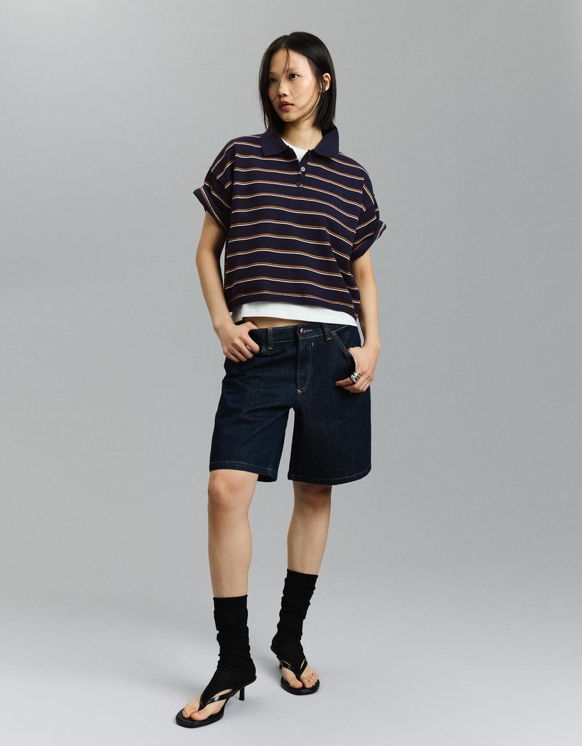 Ριγέ πουλόβερ με γιακά polo-Μπλου μαρέν