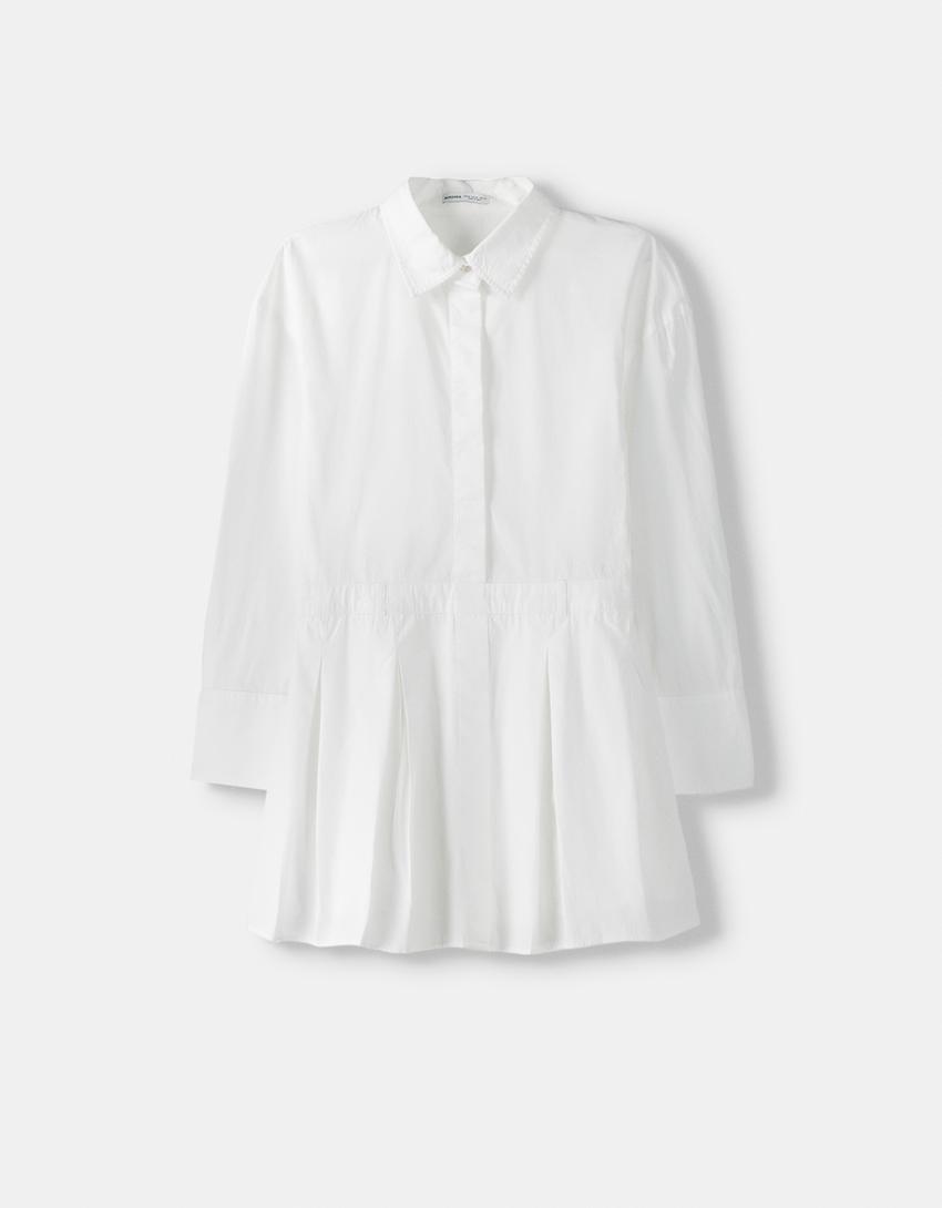 Vestido camiseiro mini popelina pregas cinto-Branco-4