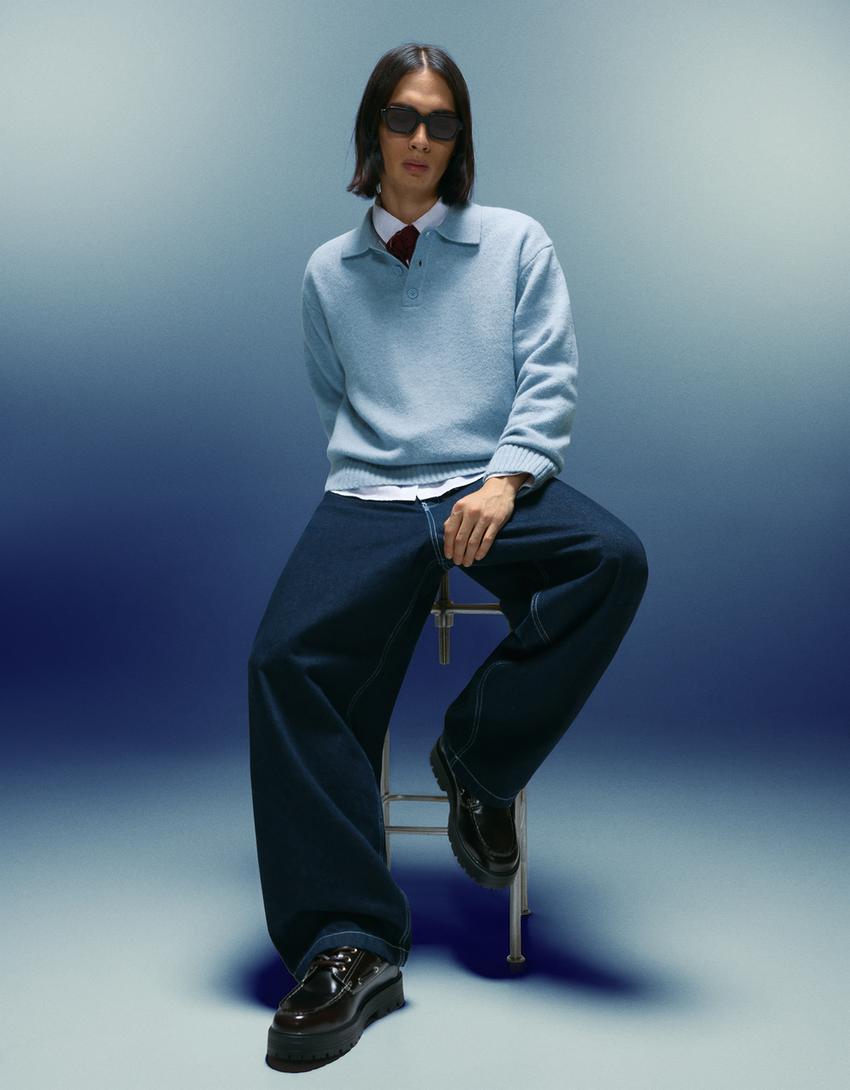 Polo collar sweater-Light blue