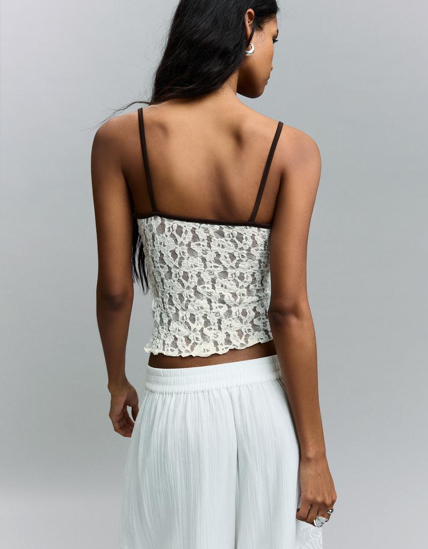 Strappy lace top with bow-Off white