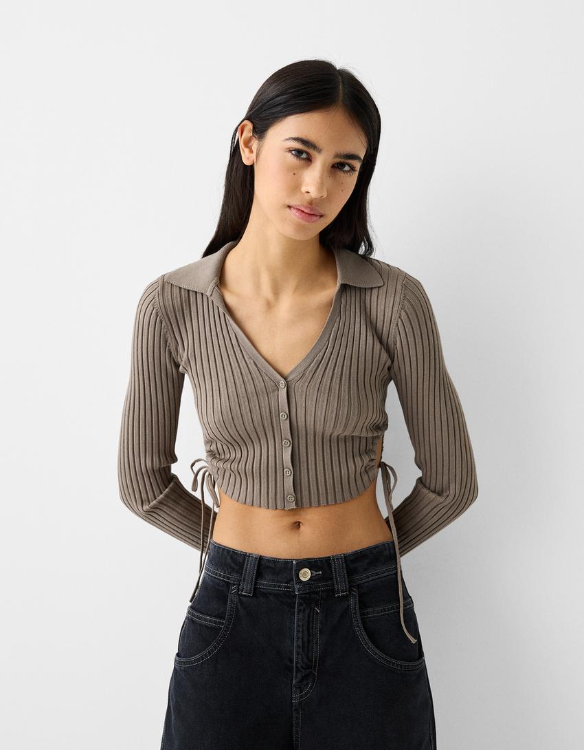 Polo collar cardigan with buttons and gathered side-Sand-0
