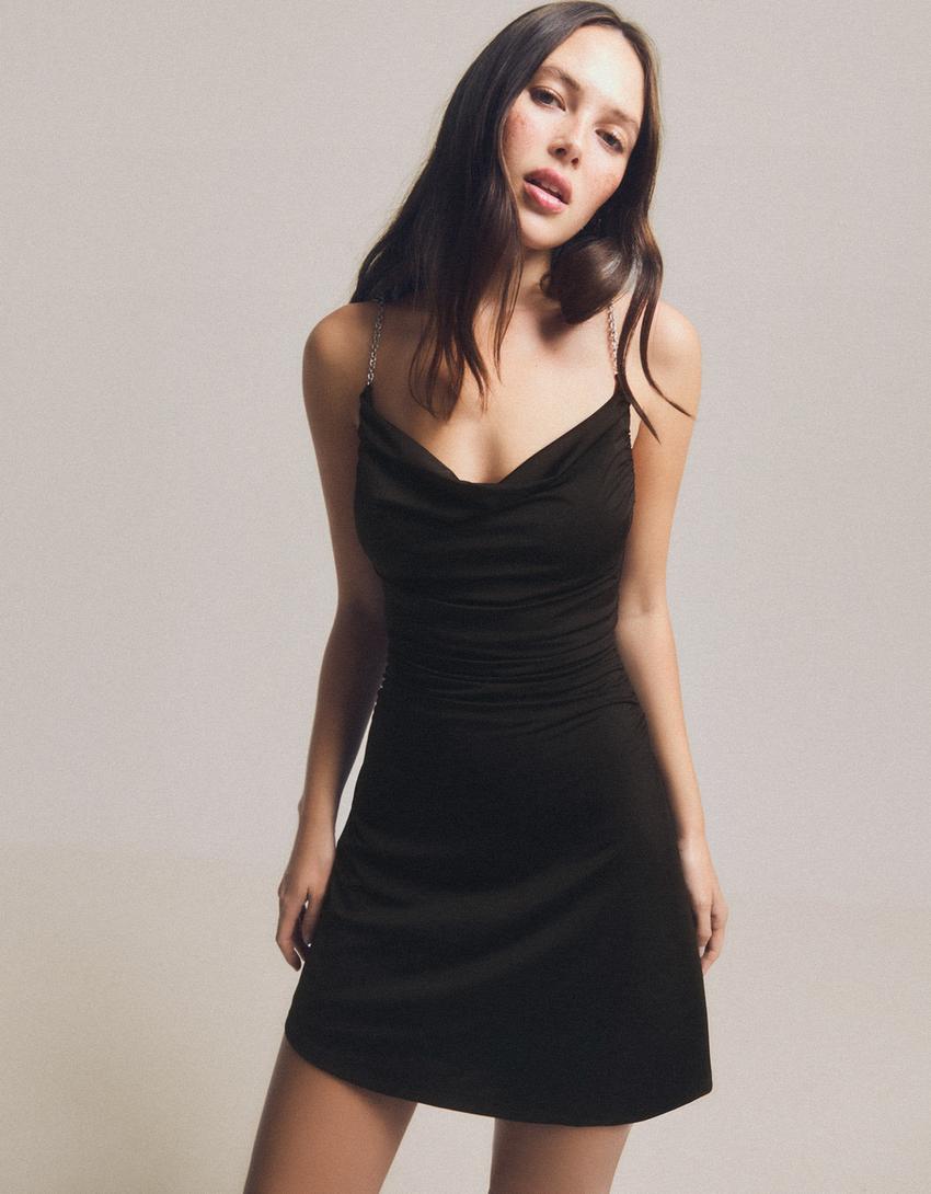 Robe drapée bretelles chaîne-Noir